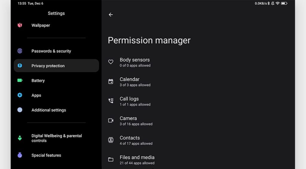 The "Privacy Protection" tab in MIUI 13 settings menu allows you to control all the app permissions from one place (and deny apps their permissions if needed).