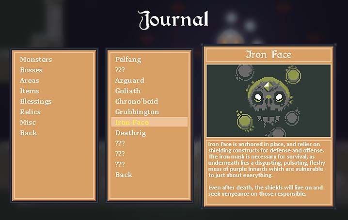 All the enemies you encounter, alongside with blessings, items, new areas and relics are added to your journal small lore descriptions.