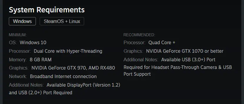 Valve Index VR headset minimal and recommended system requirements.