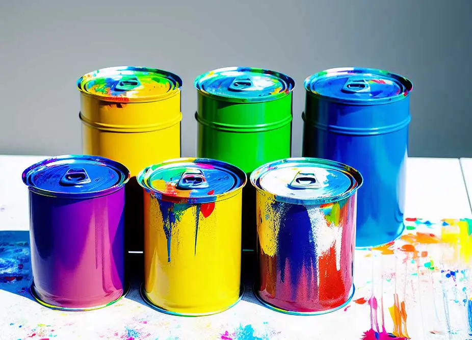 Main prompt used: "A group of paint cans with different colors of paint in them on a table top with a white background, offset printing technique, an ultrafine detailed painting, color field."