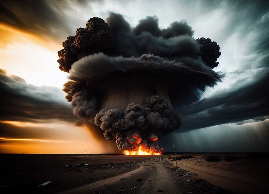 Main prompt: "Huge nuclear bomb explosion, end of the world, doomsday in a post apocalyptic world, professional photo, canon 100mm, dark dramatic cinematic shot, dark lighting".