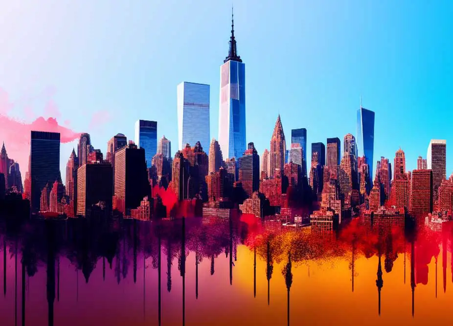 Main prompt used: "Double exposure of a city panorama and colorful ink paint splashes, straight lines, modern art, realistic, realistic buildings, new york, real photography, ultra high definition, 8k, 8k, 16k, closeup photo, high resolution, fantasy, unreal engine, octane rendering, quixel megascans rendering, front view."