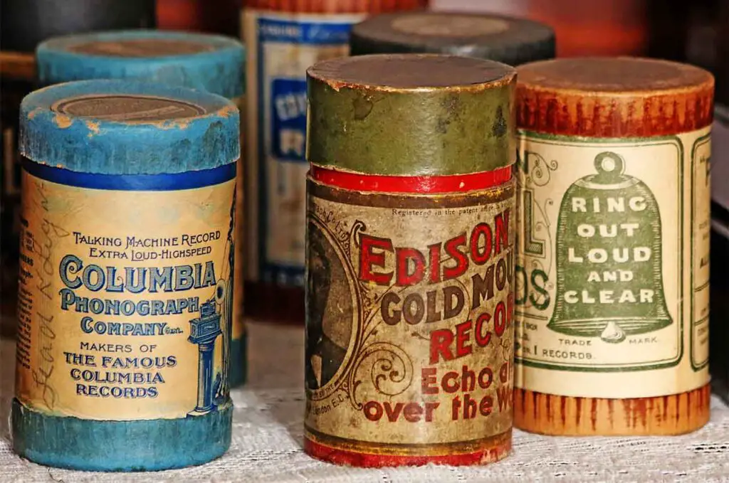 Phonograph wax cylinder packages up close.