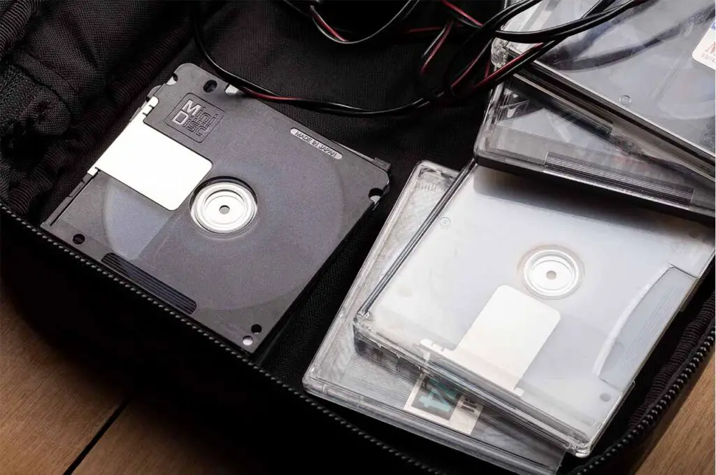 A collection of MiniDiscs used for storing recorded audio files.