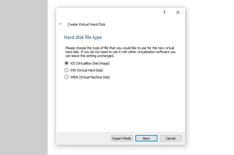 Selecting the type of the virtual hard disk.