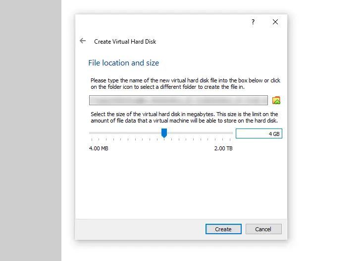 Choosing a folder for the virtual disk image file and setting the vdi file size.