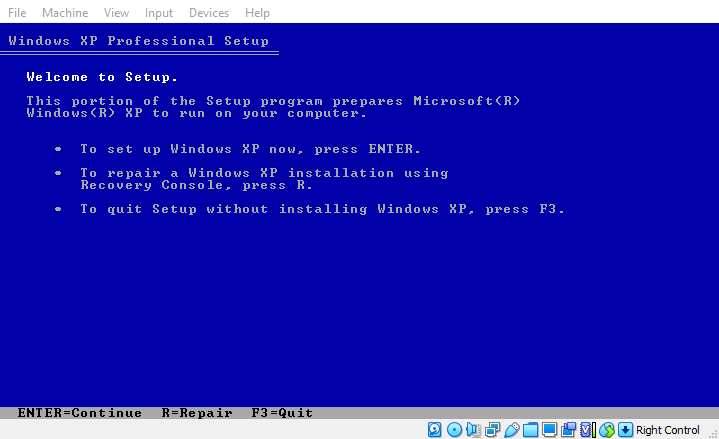 Start of the actual Windows XP OS setup in a virtualized environment.