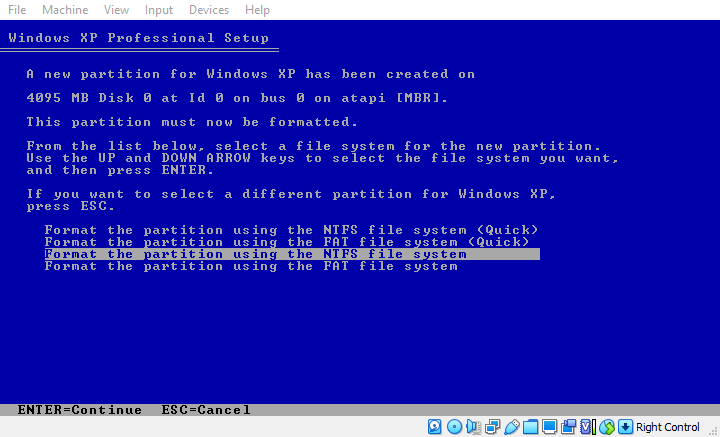 Formatting the newly created virtual disk partition during the installation process.