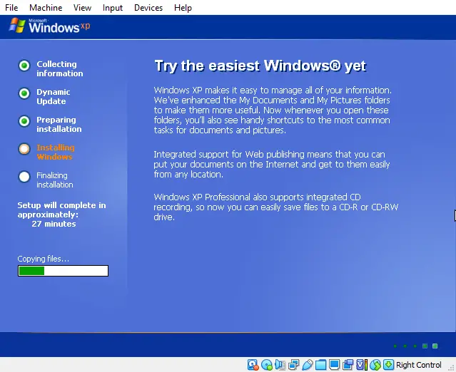 Windows XP operating system installation process in a virtual machine.