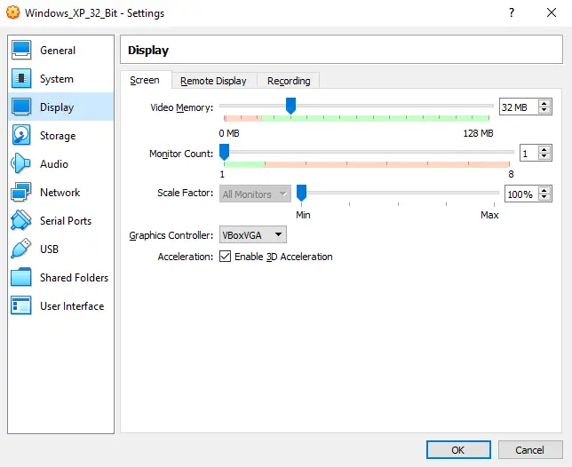 Virtual machine display settings - setting the preferred amount of video memory for your VM.