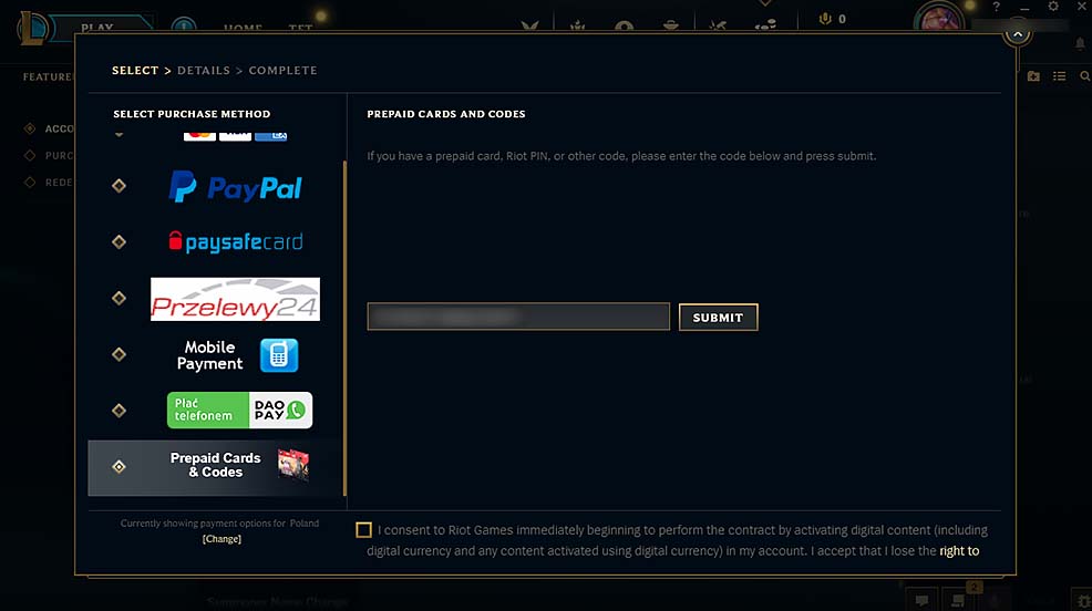 Redeeming the newly purchased gift code in the League of Legends launcher.