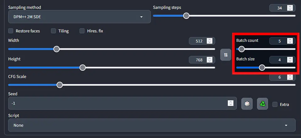 Batch count and batch size are the two settings that determine the number of images you'll generate in one go.