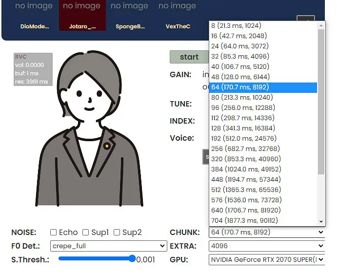 Increasing the CHUNK value will up the efficiency of the voice conversion process, but also simultaneously up the output audio latency.