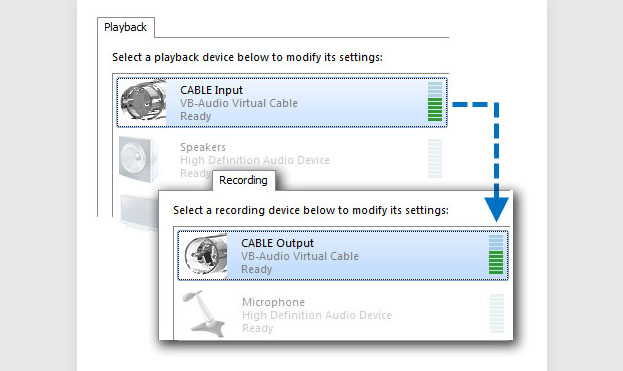 VB-CABLE allows you to connect two applications using a virtual audio cable for quick system-wide audio routing.
