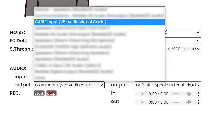 In the Okada Live Voice Changer Client your audio output should be set to "CABLE Input (VB-Audio Virtual Cable)".