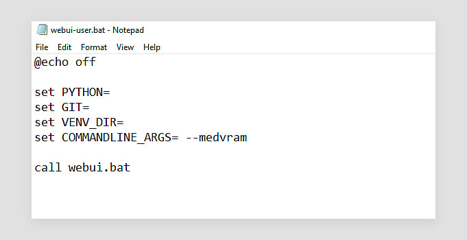 This is how your webui-user.bat file might look like after inputting a single --medvram flag into COMMANDLINE_ARGS.