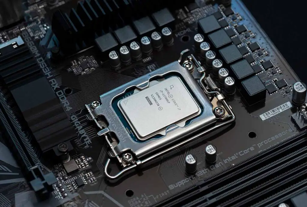 Intel I7-13700KF processor installed on a motherboard, closeup shot.