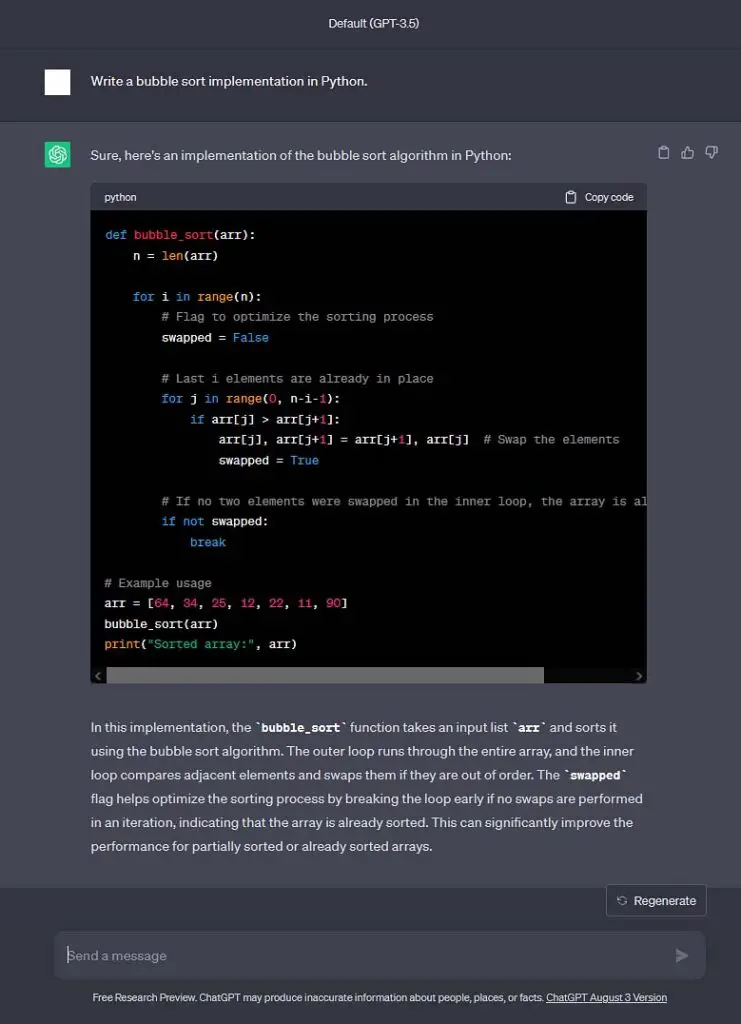 The second test task - ChatGPT - gpt-3.5-turbo -  Bubble sort algorithm Python code generation.