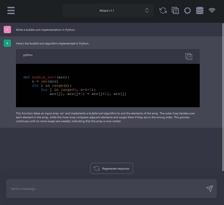 The second test task - Gpt4All - Wizard v1.1 - Bubble sort algorithm Python code generation.