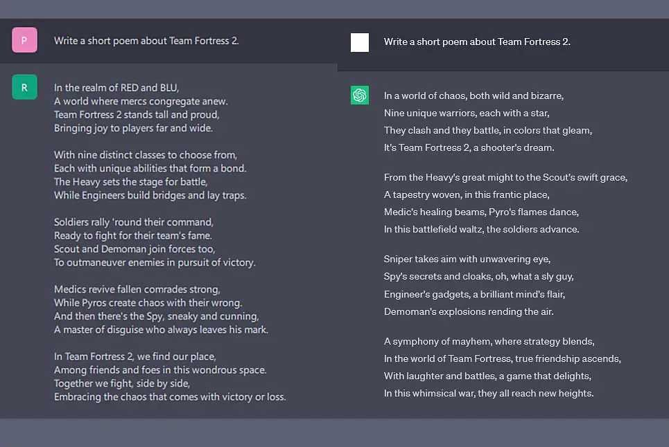 The first test task: who wouldn't like a neat little poem about a great classic that is Team Fortress 2? (Left: Gpt4All - Wizard v1.1, Right: ChatGPT - gpt-3.5-turbo).