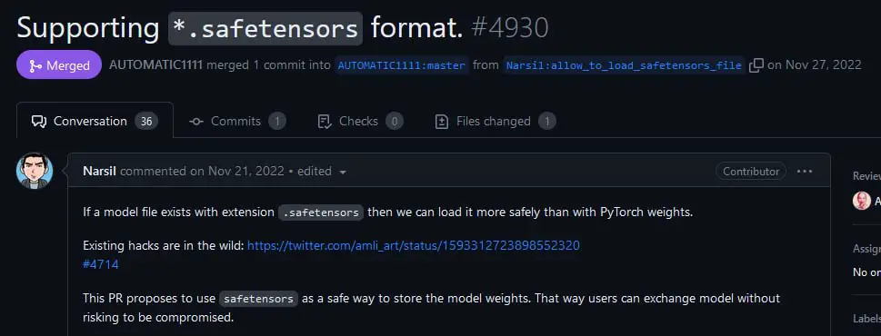This old commit merged into the official Automatic1111 Stable Diffusion repository proposed using the .safetensors file format for storing model weights.