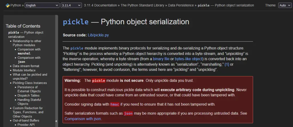 The official docs page for the Python pickle module. Note the security warning.