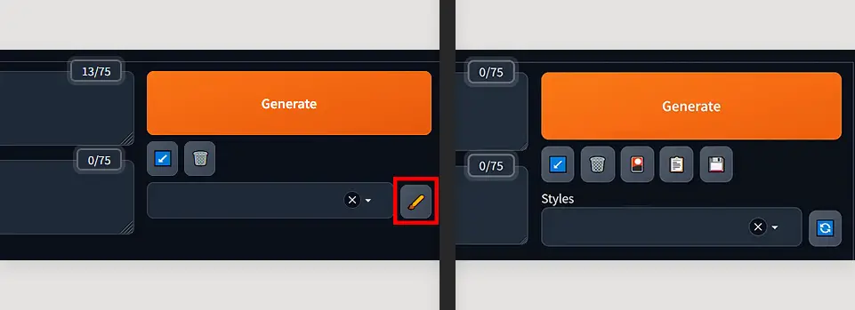 The style save button alongside with the fine-tunings library button have been removed from the Stable Diffusion WebUI. | Left: New updated UI. Right: Old UI.