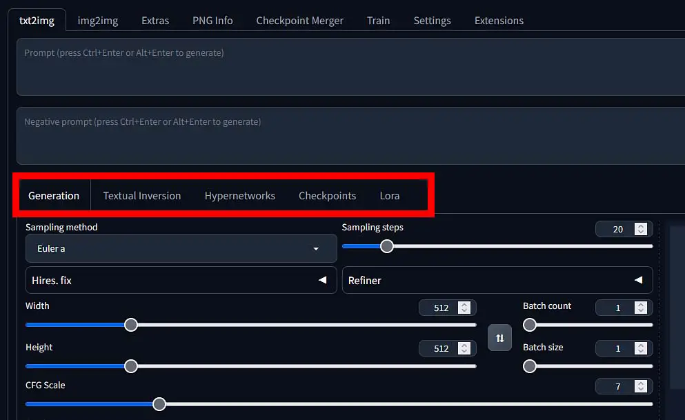 The fine-tunings tab in the Automatic1111 WebUI.