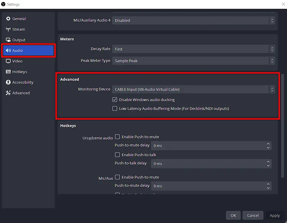 In the audio settings menu, set your virtual audio cable input as your main monitoring device.