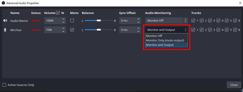Select the "Monitor and Output" option in the Audio Monitoring column next to your microphone device.
