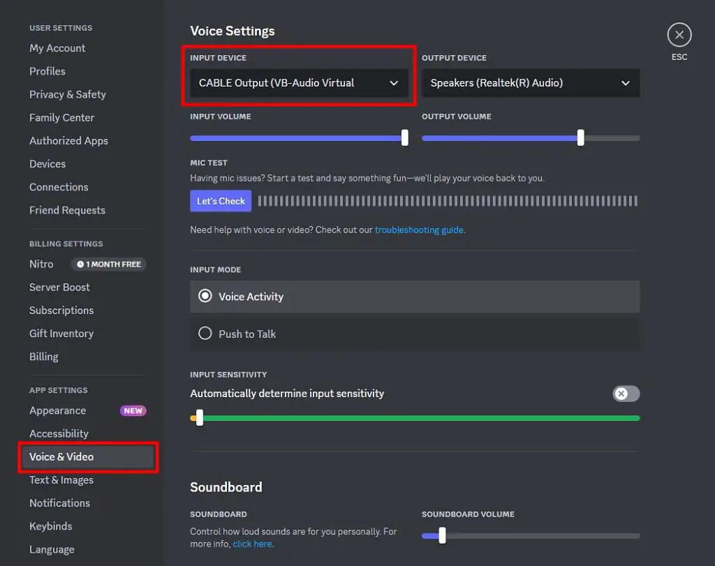 Finally, you just need to "plug in" your virtual audio cable end (output) into Discord. We're done!