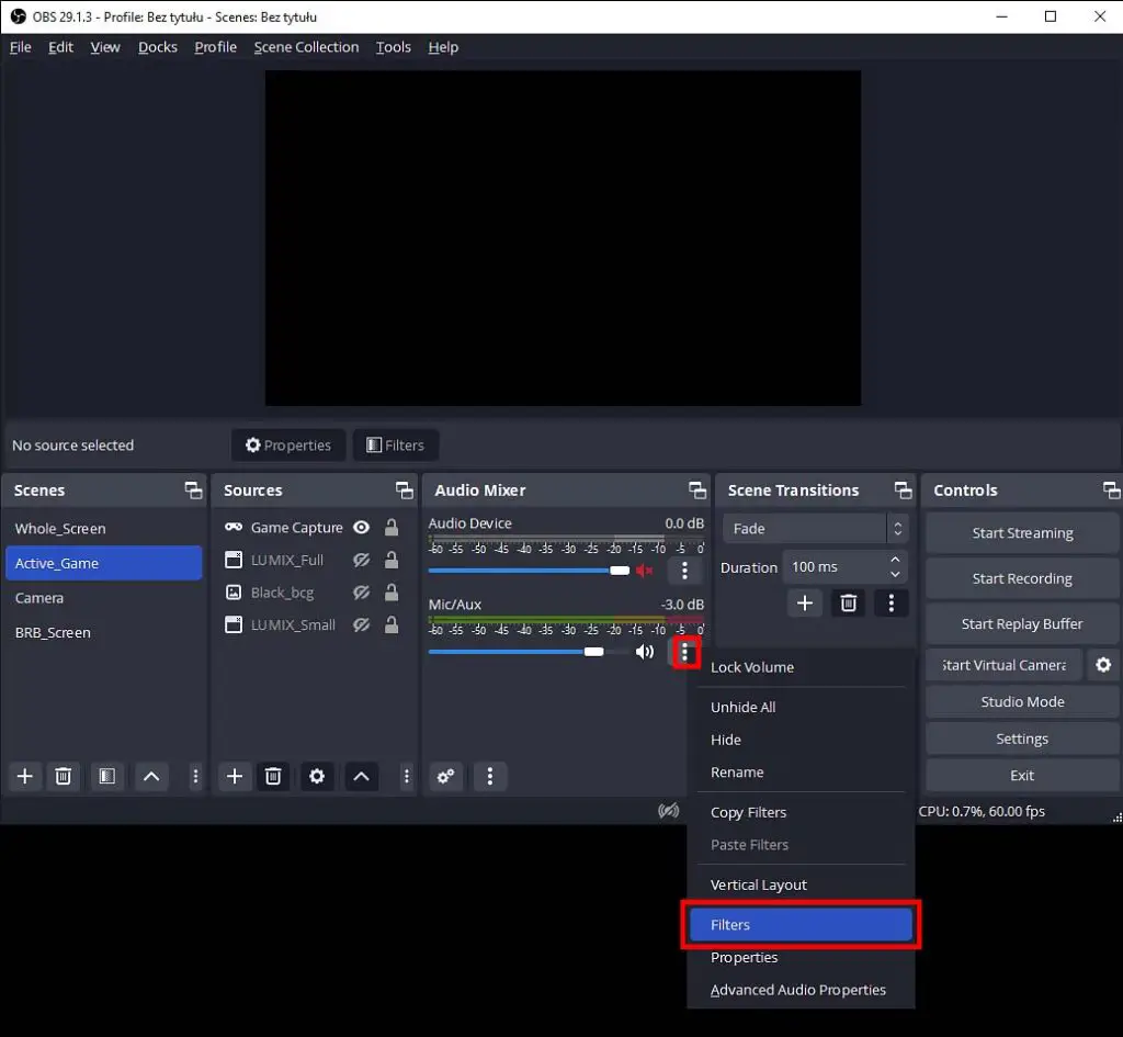 Enter the "Filters" menu of your microphone audio device in OBS.