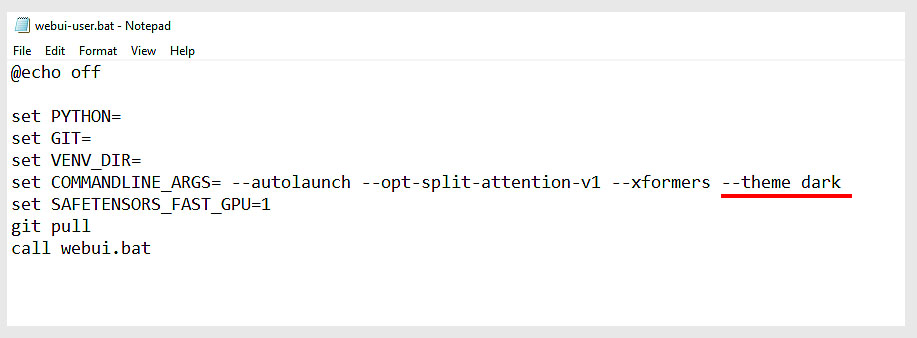 This is how our webui-user.bat file looks after inserting the dark theme flag (yours might look a little bit different).