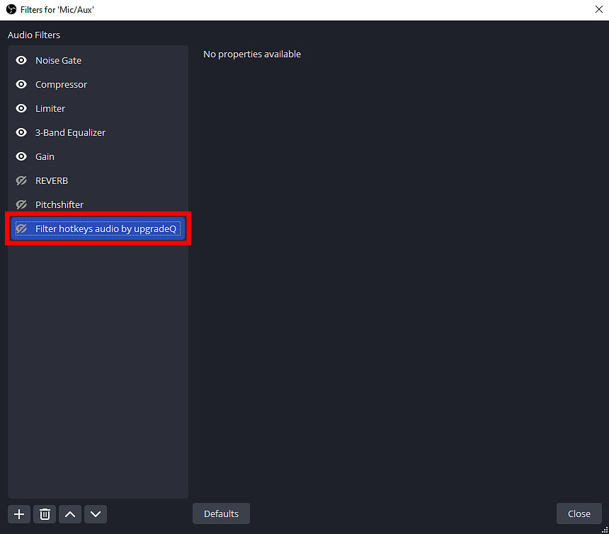Adding the "Filter hotkeys audio by upgradeQ" filter is necessary for the new script filter hotkeys to show up in OBS settings.