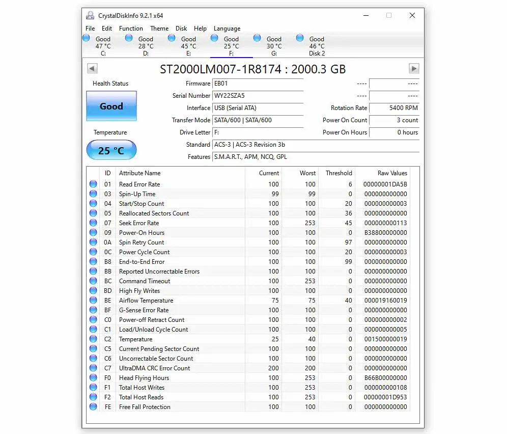 ADATA HV300 SLIM 2TB CystalDiskInfo disk data shown.