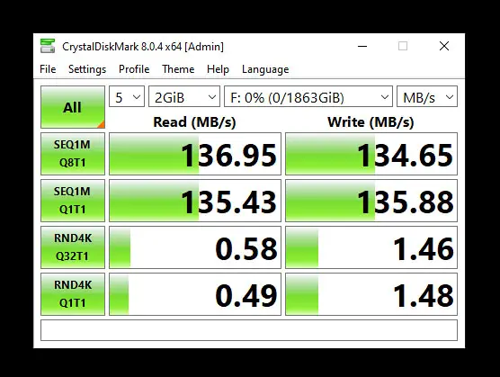 CrystalDiskMark ADATA HV300 SLIM 2TB speed test results.