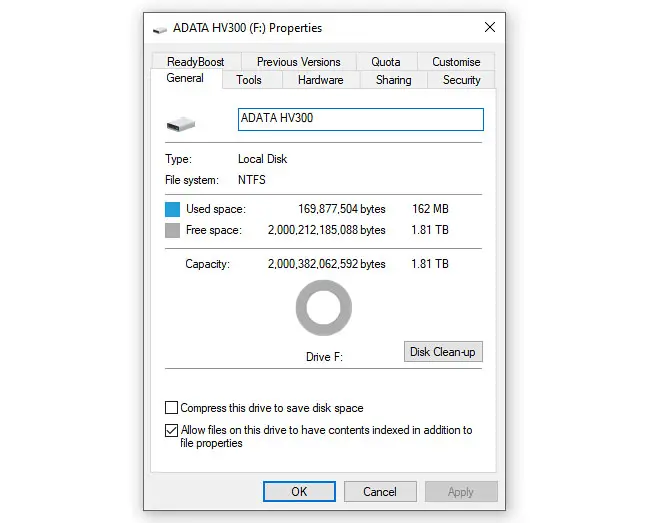 Windows ADATA HV300 SLIM 2TB hard drive identification info.