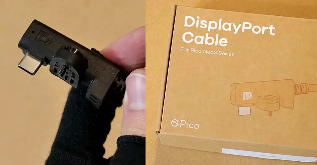 Pico Neo 3 Link dedicated DisplayPort over USB-C cable box and closeup detail.