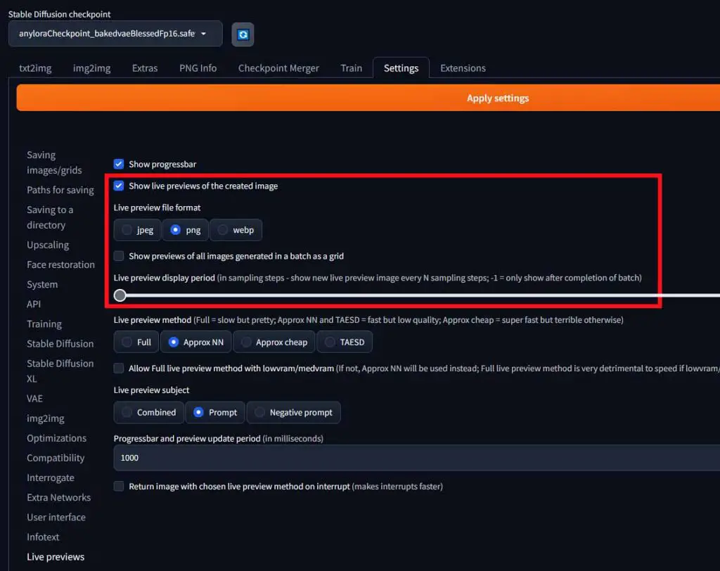 Automatic1111 Stable Diffusion WebUI live preview settings.