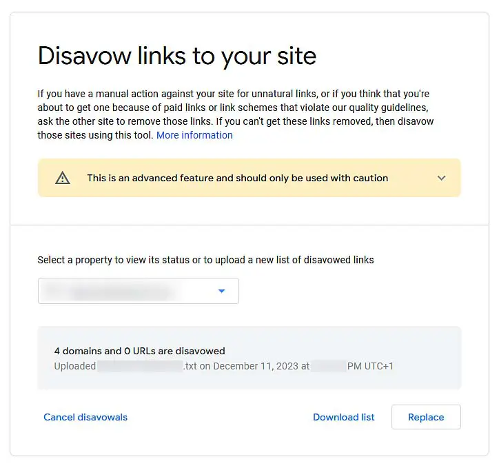 GSC link disavow tool after successfully disavowing imported links.