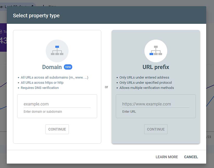 Domain properties and URL prefix properties in Google search console.