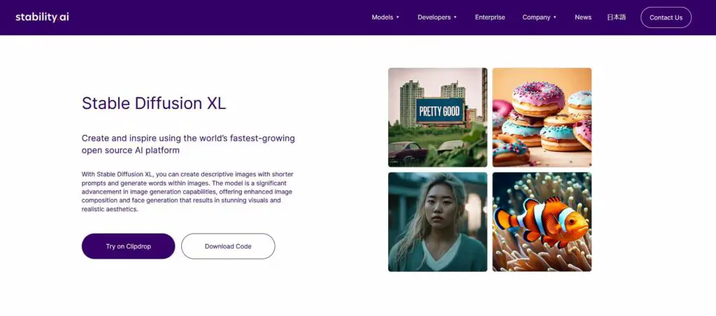 Stability.ai Stable Diffusion XL main web page.