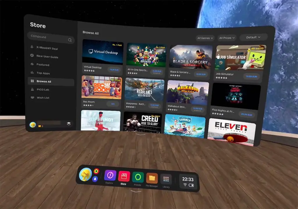 Pico operating system, game library and store in virtual reality.