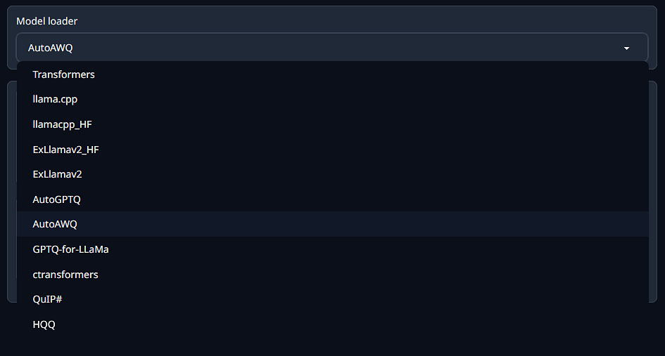 Different model loaders supported by the OobaBooga WebUI.
