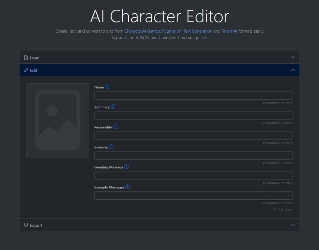 The online Zoltanai AI Character Editor tool.