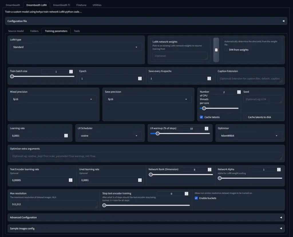 Kohya GUI main interface LoRA training settings window.