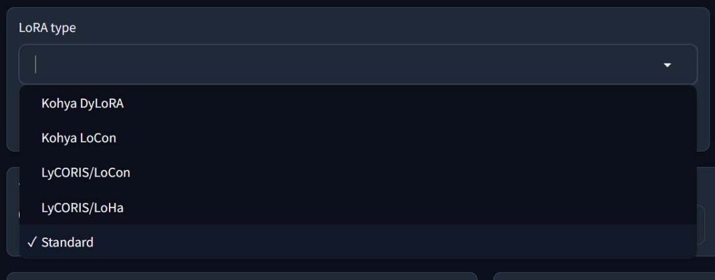 LoRA model types dropdown list in the Kohya GUI.