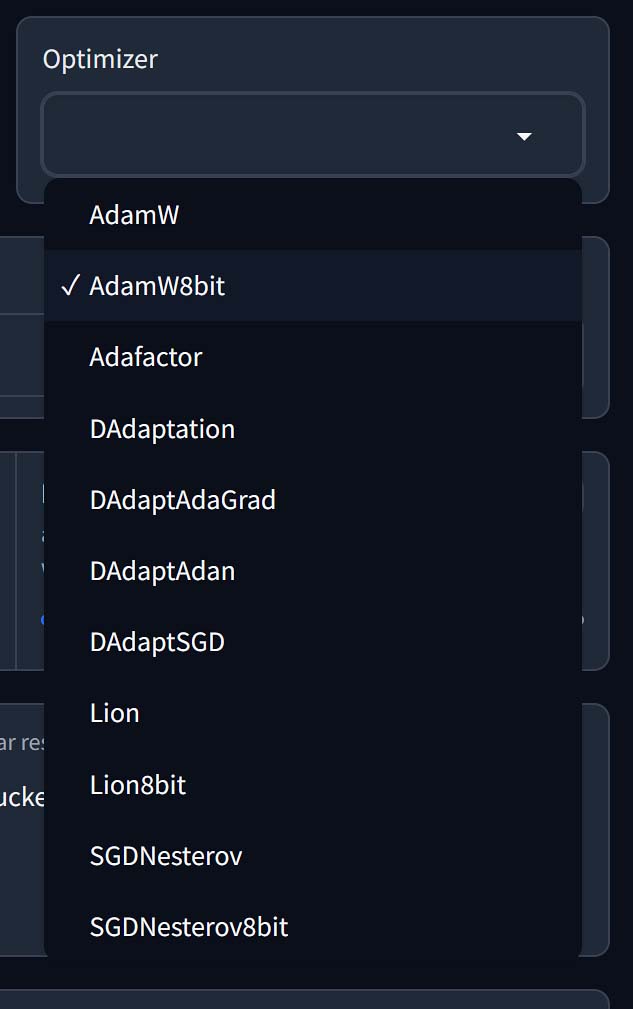 Optimizer algorithms available in Kohya.