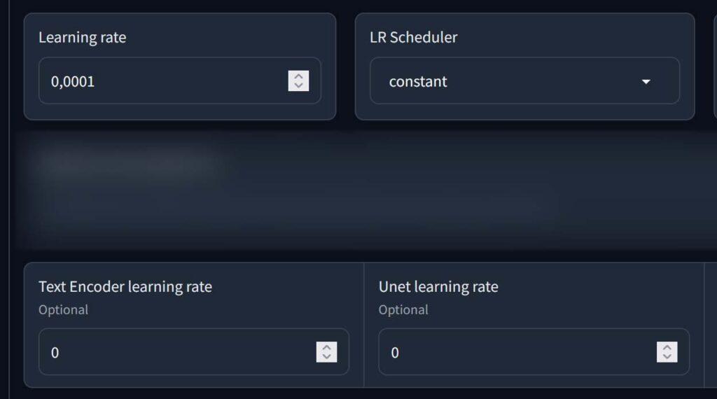 Learning rate and LR scheduler settings window.