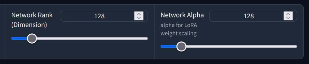 Network Rank and network alpha settings in Kohya GUI.